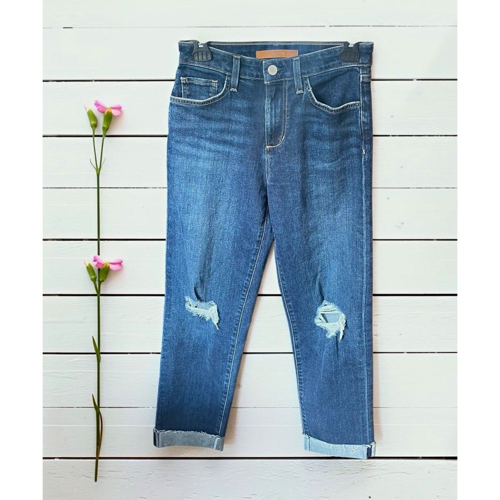 Joes Jeans The Niki Mid Rise Boyfriend Blue Distressed Stretch Cuffed Jeans 24